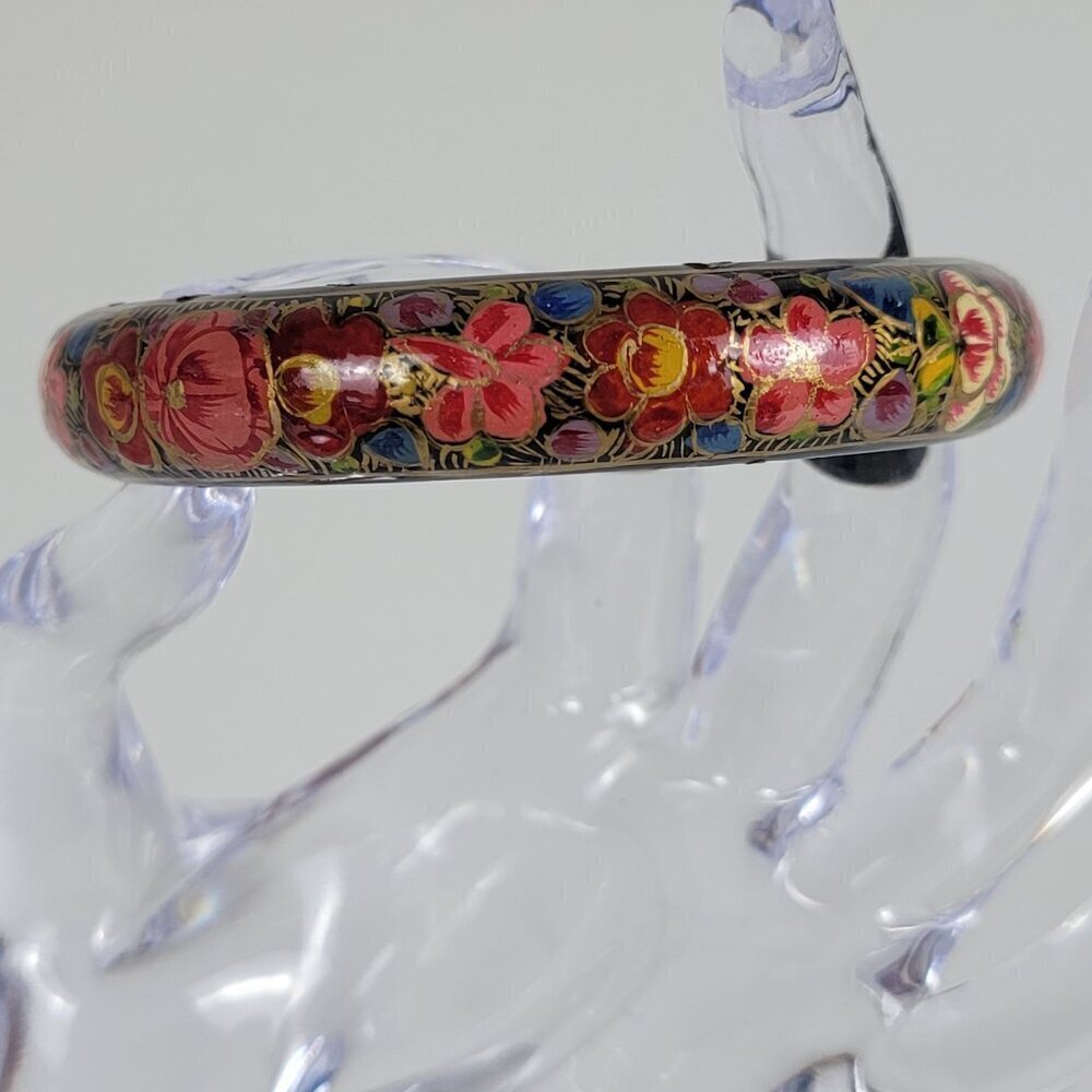 Vintage Russian Lacquer Hand Painted Wooden Bangle Bracelet 8"